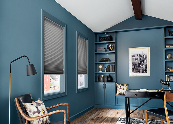 Custom cellular shades in home office from Blinds By Design in Scottsdale AZ and Boerne TX
